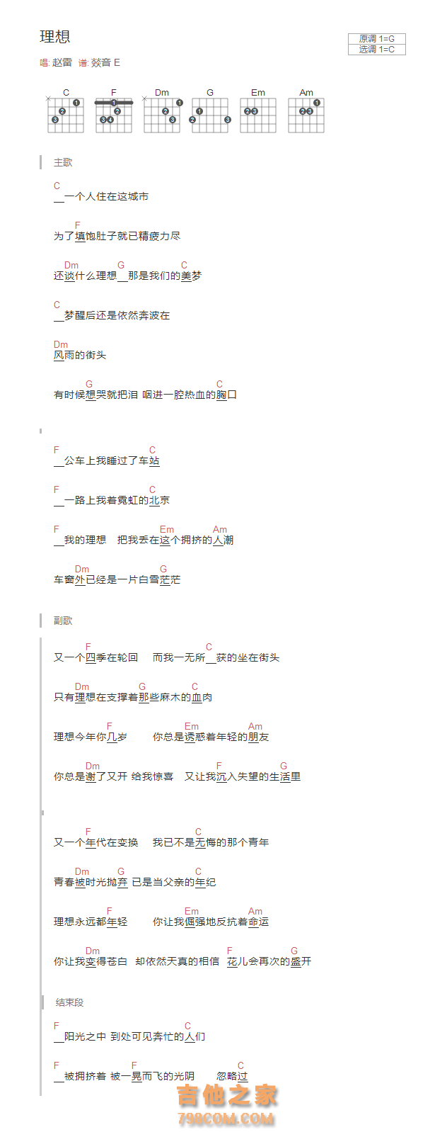 理想吉他谱和弦版 赵雷