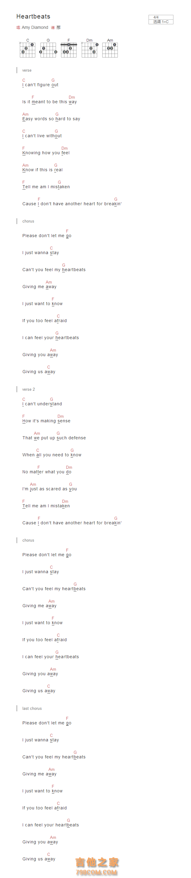 Heartbeats吉他谱C调和弦版 Amy Diamond