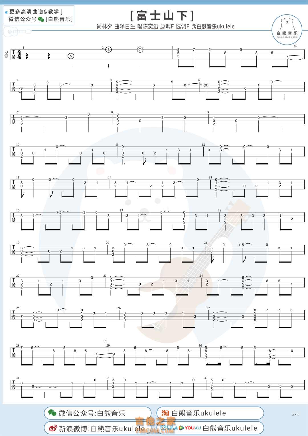 陈奕迅《富士山下》尤克里里指弹谱