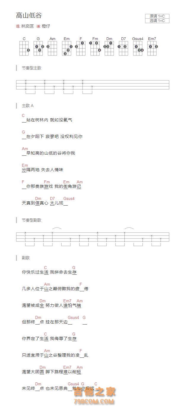 高山低谷吉他谱C调和弦版 林奕匡