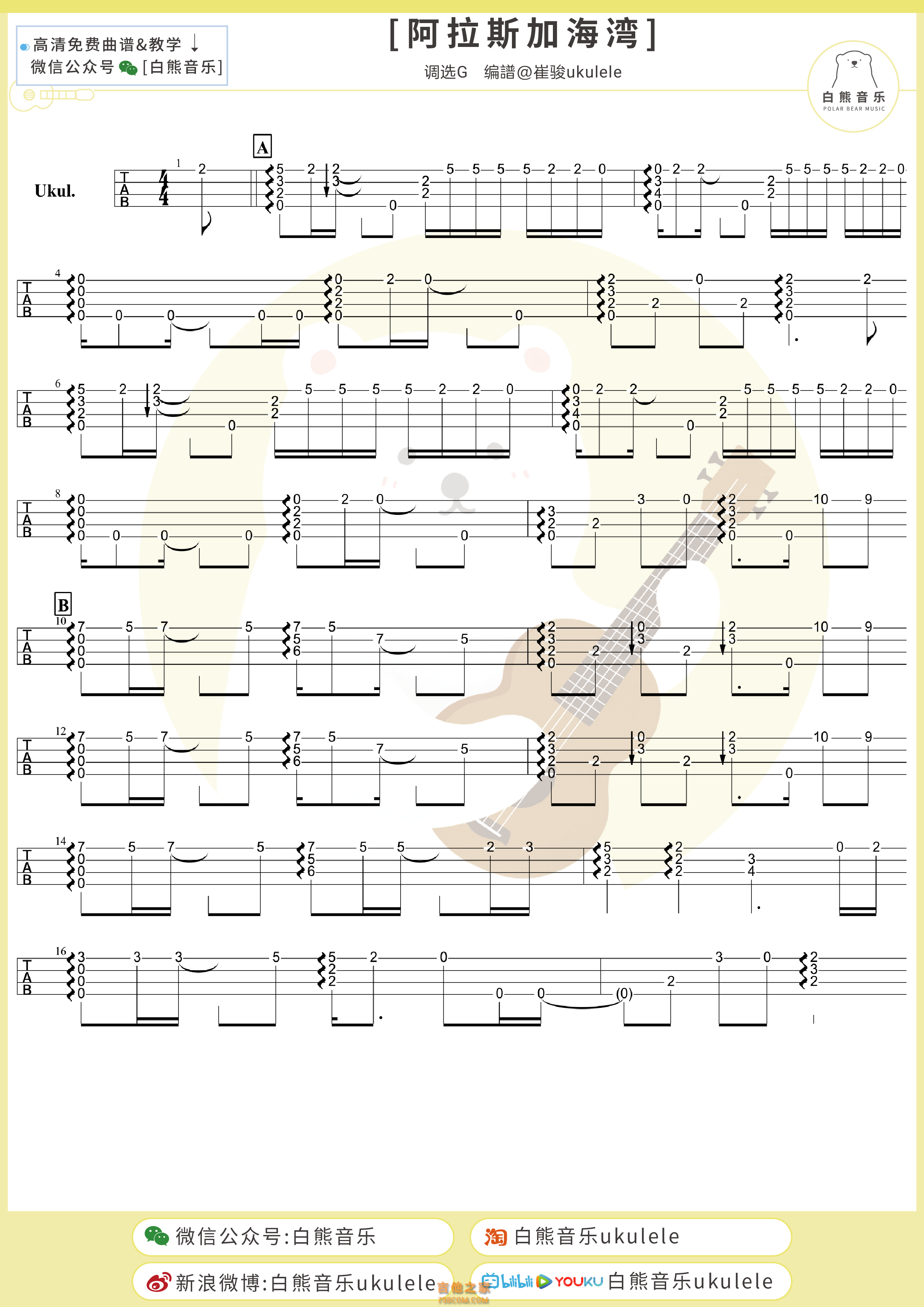 菲道尔《阿拉斯加海湾》尤克里里指弹谱