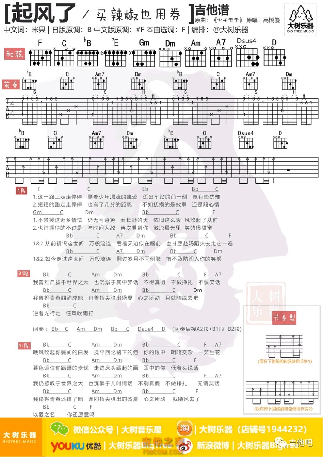 抖音热门歌曲《起风了》吉他谱