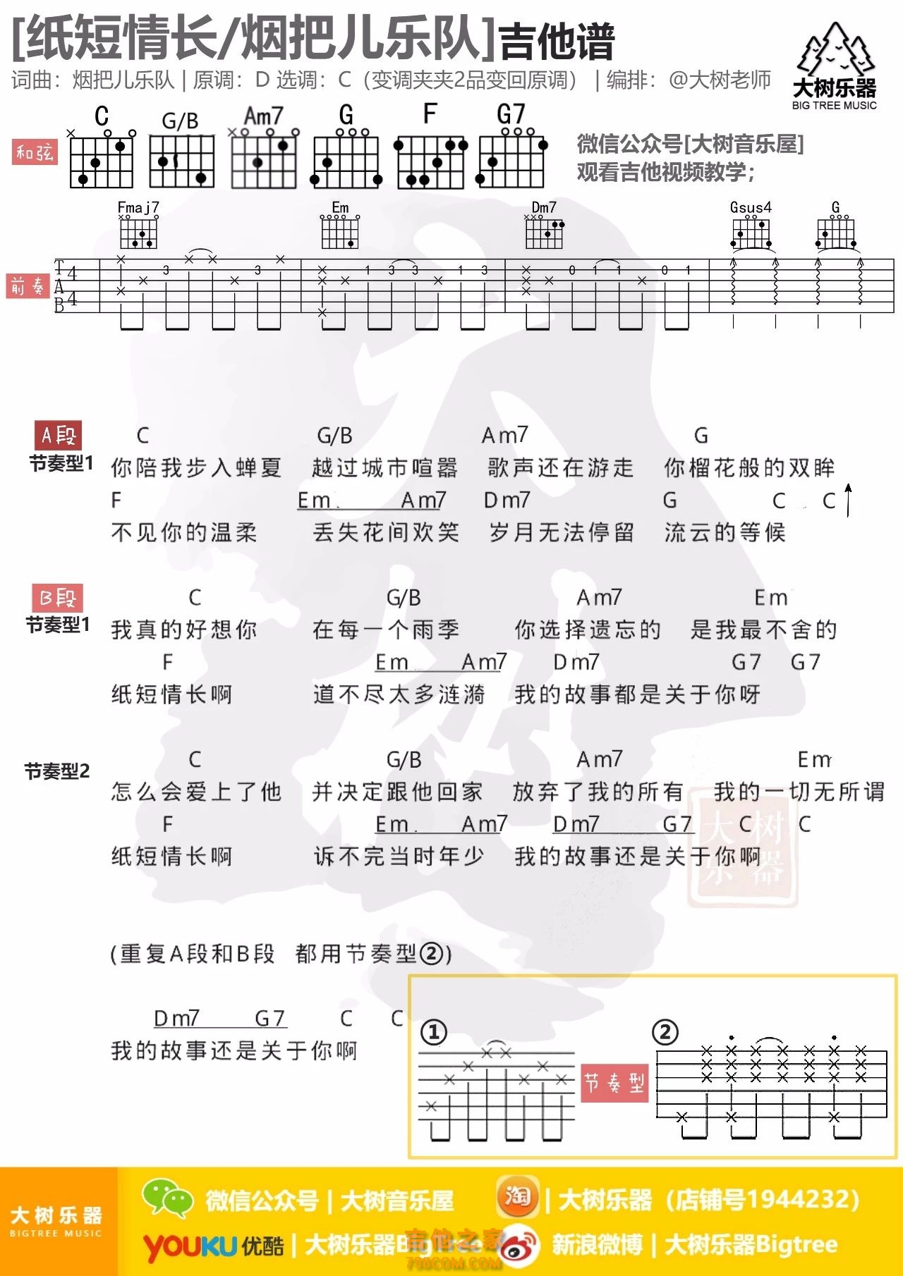 烟把儿乐队《纸短情长》吉他谱