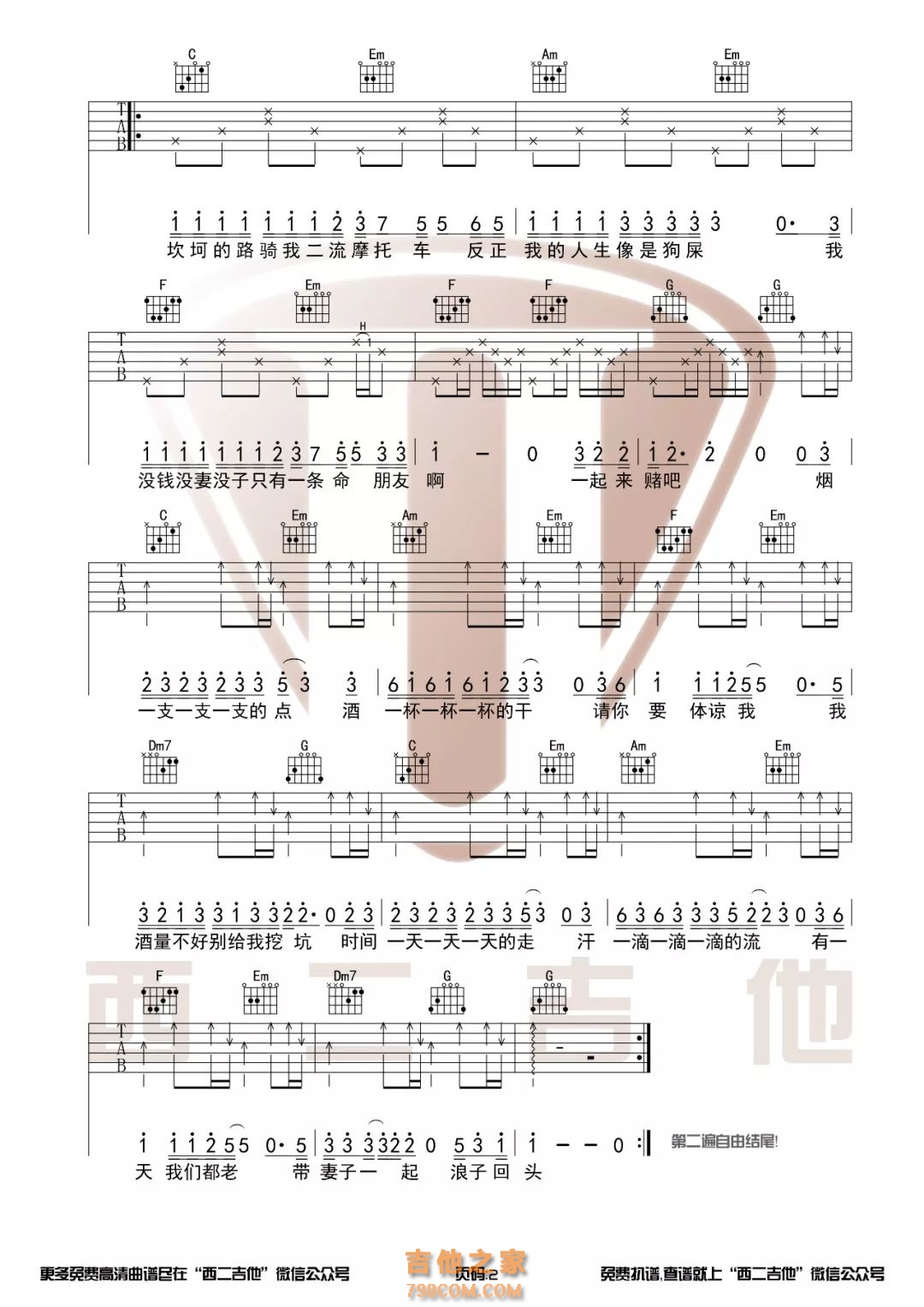 抖音热歌《浪子回头》C调和弦吉他谱