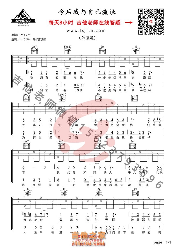张碧晨《今后我与自己流浪》吉他谱