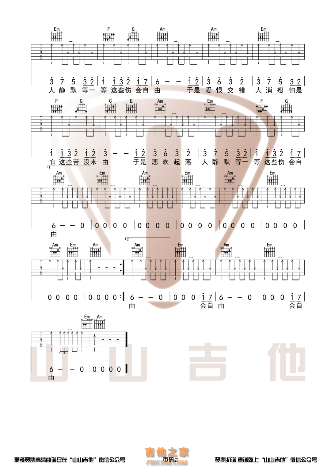 张雨生《口是心非》C调原版吉他谱