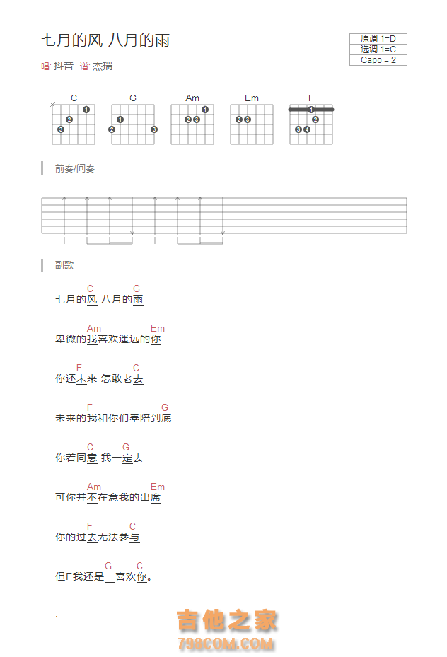 七月的风 八月的雨 吉他谱