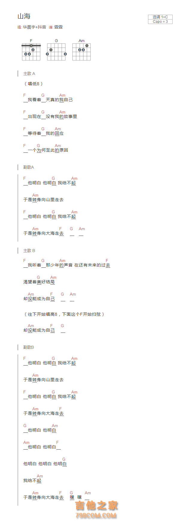 山海吉他谱和弦版 华晨宇