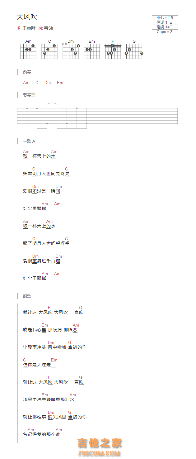 [抖音热歌]大风吹吉他谱和弦版 王赫野