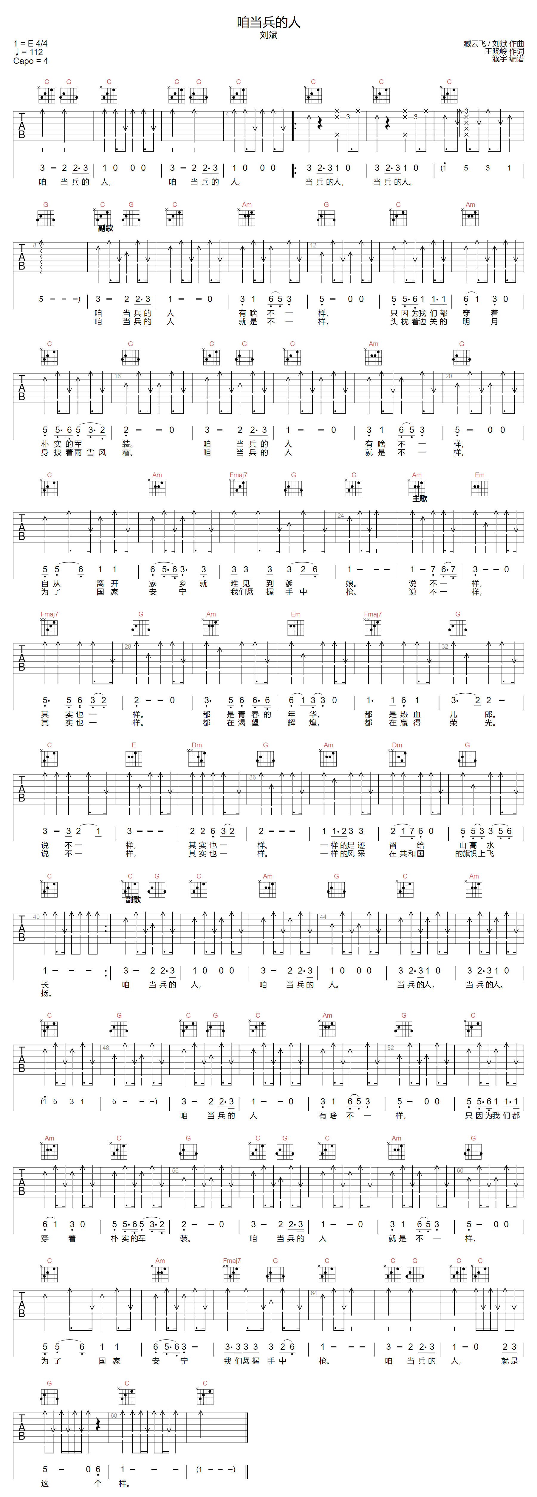 咱当兵的人吉他谱-刘斌