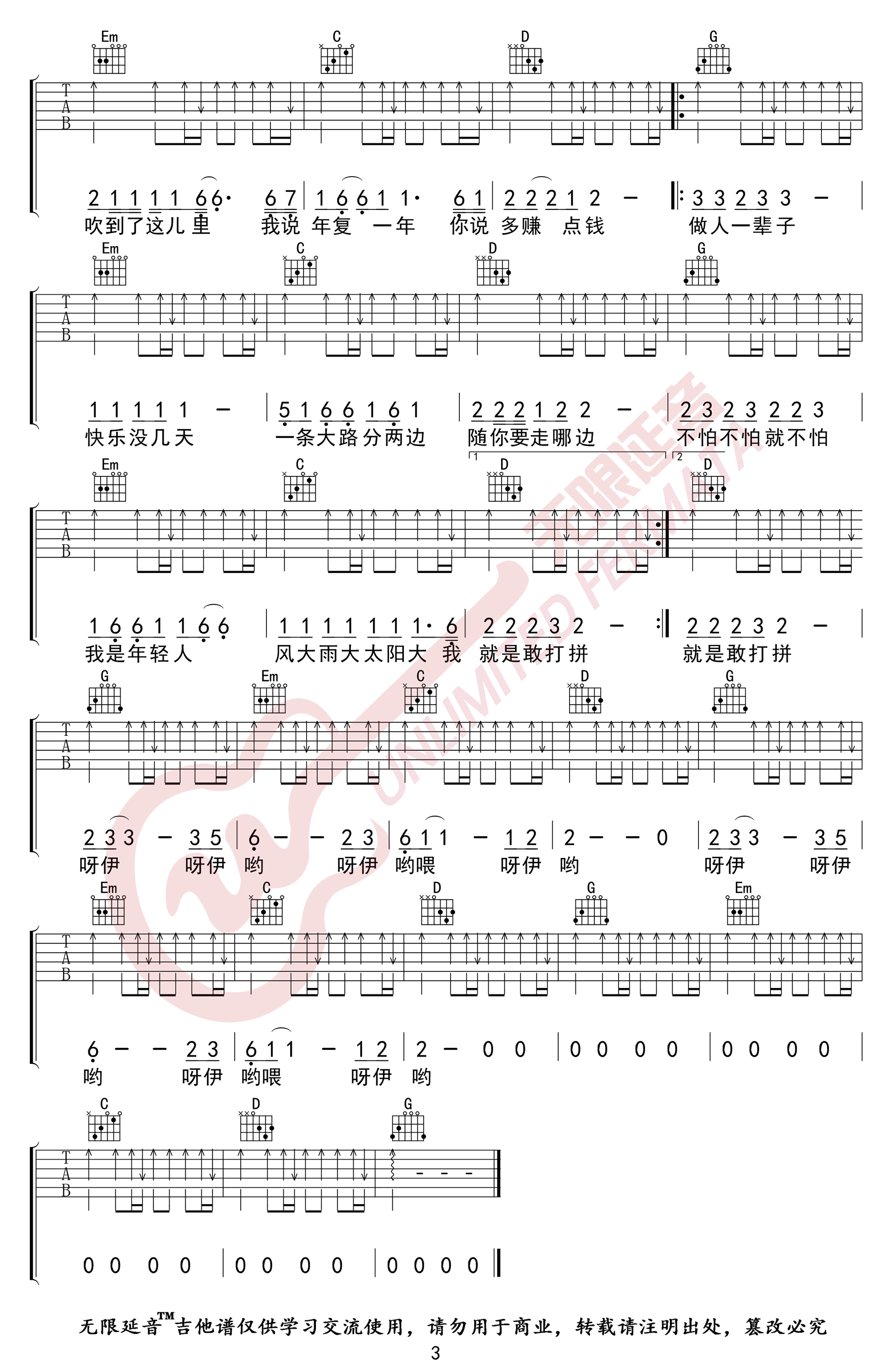大田后生仔吉他谱_林启得_G调扫弦版六线谱_吉他弹唱谱3