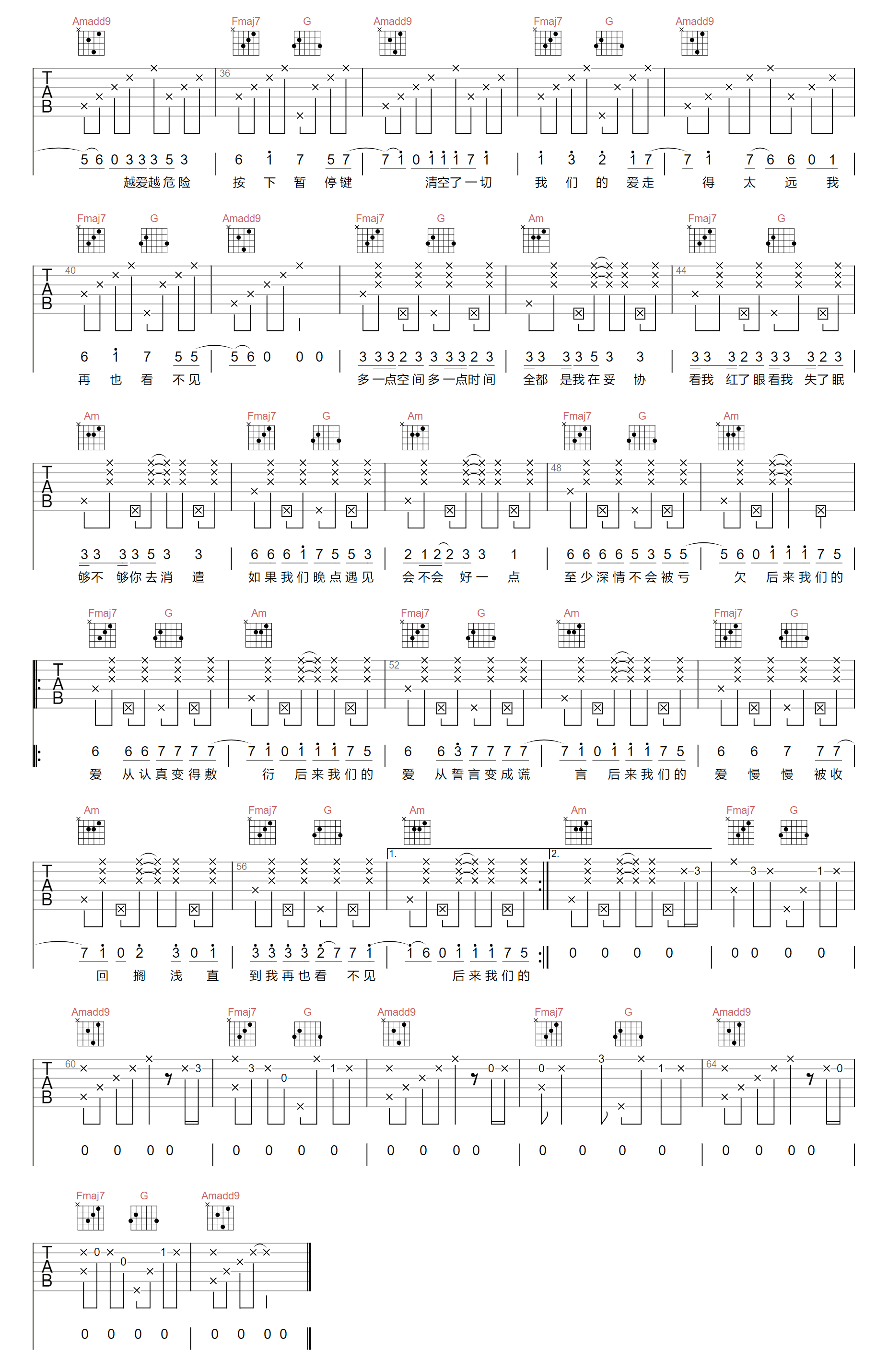 后来我们的爱吉他谱_陆杰AWR_C调原版六线谱_吉他弹唱谱2