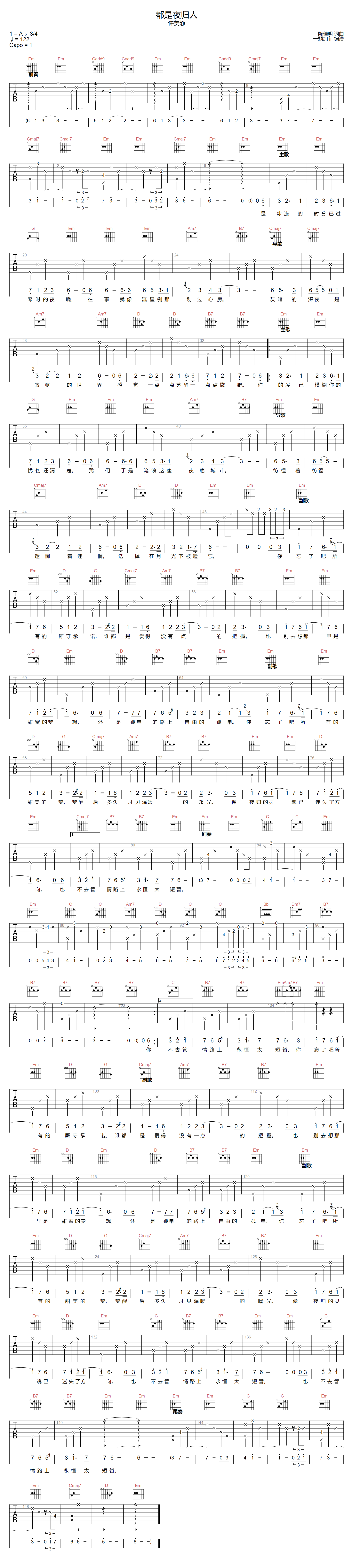 都是夜归人吉他谱_许美静_G调原版指法六线谱_吉他弹唱谱