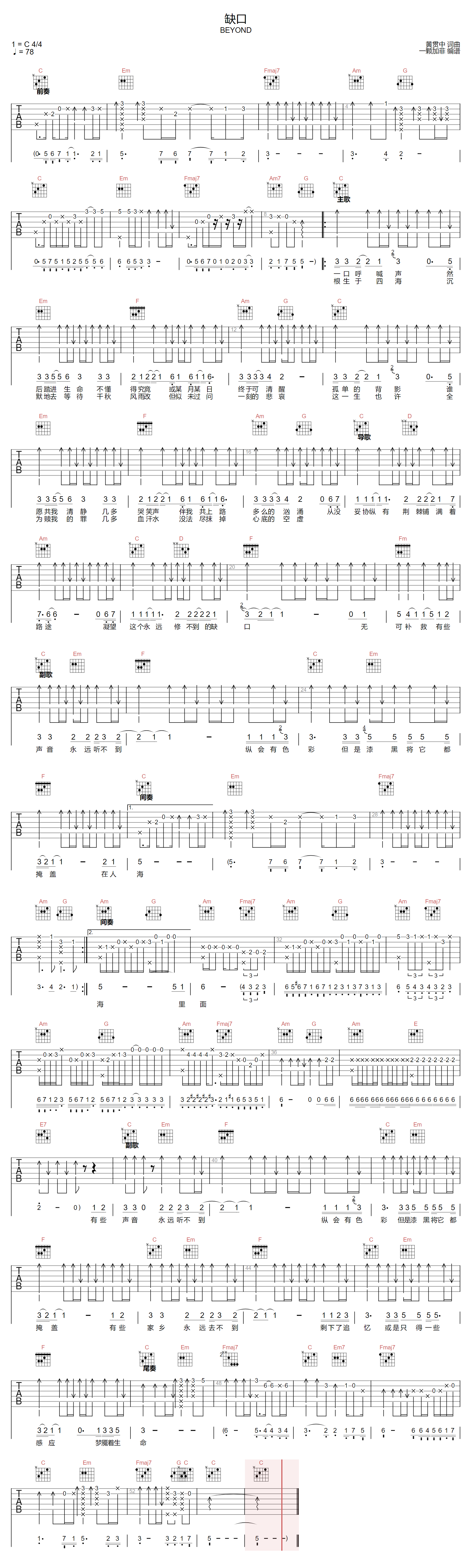 缺口吉他谱_Beyond_C调原版指法六线谱_吉他弹唱谱