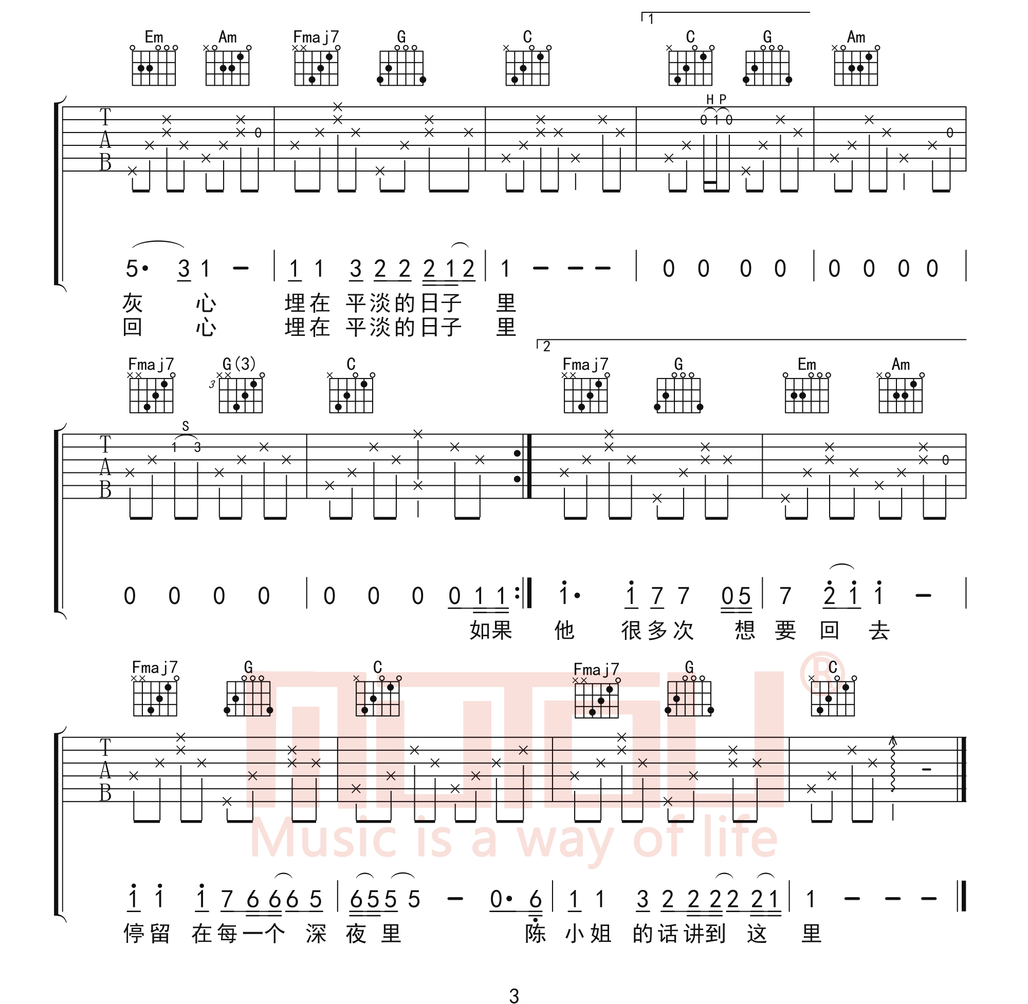陈小姐的话吉他谱_楚胜尧_C调原版指法六线谱_吉他弹唱谱3