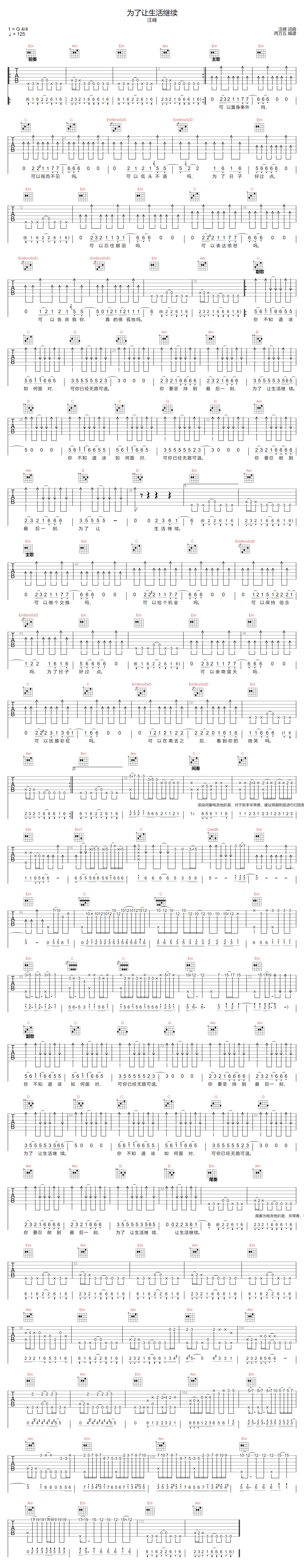 为了让生活继续吉他谱_汪峰_G调原版六线谱_吉他弹唱谱