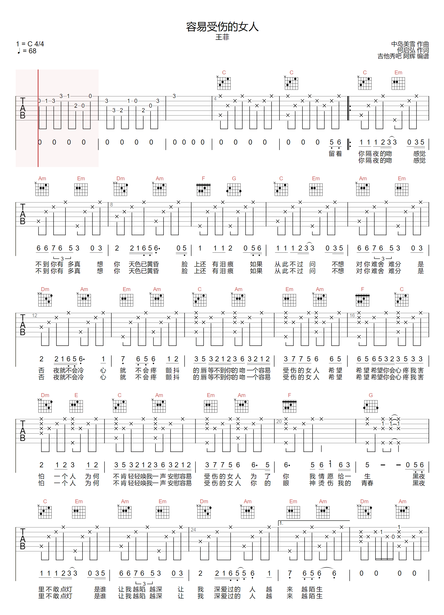 容易受伤的女人吉他谱_王菲_C调原版六线谱_吉他弹唱谱1