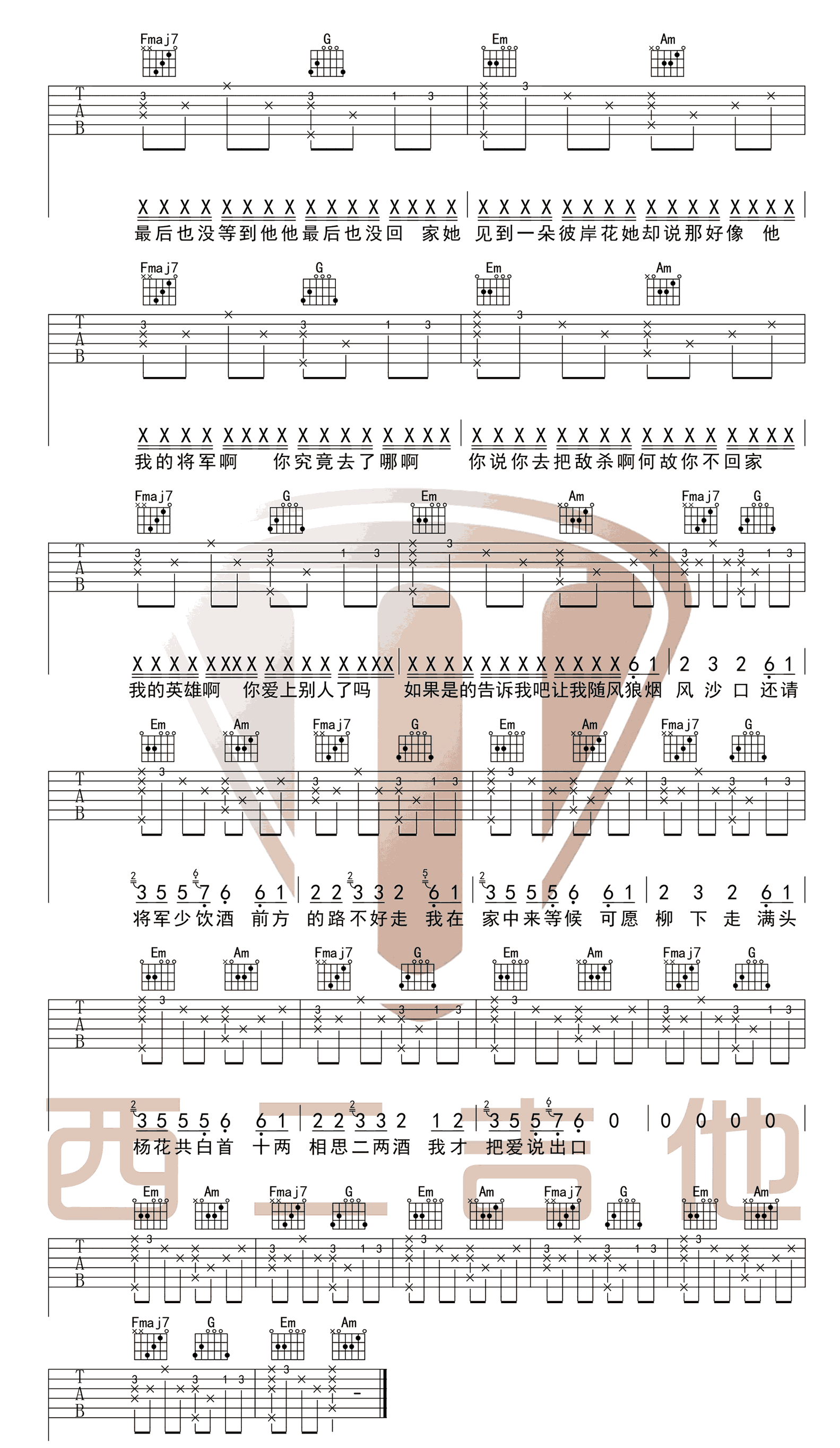 我的将军啊吉他谱_半阳_C调原版指法六线谱_附弹唱教学3