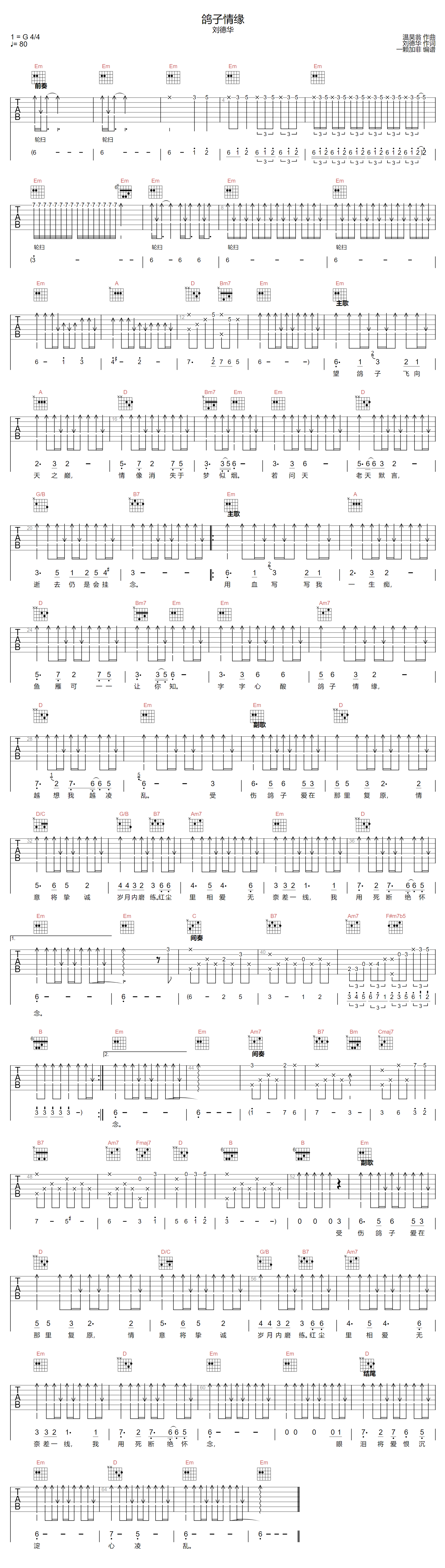 鸽子情缘吉他谱_刘德华_G调原版指法六线谱_吉他弹唱谱