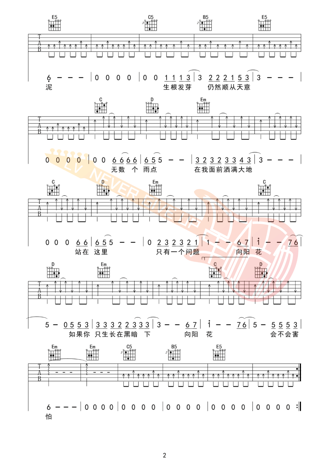 向阳花吉他谱_谢天笑_G调原版指法六线谱_附弹唱教学2