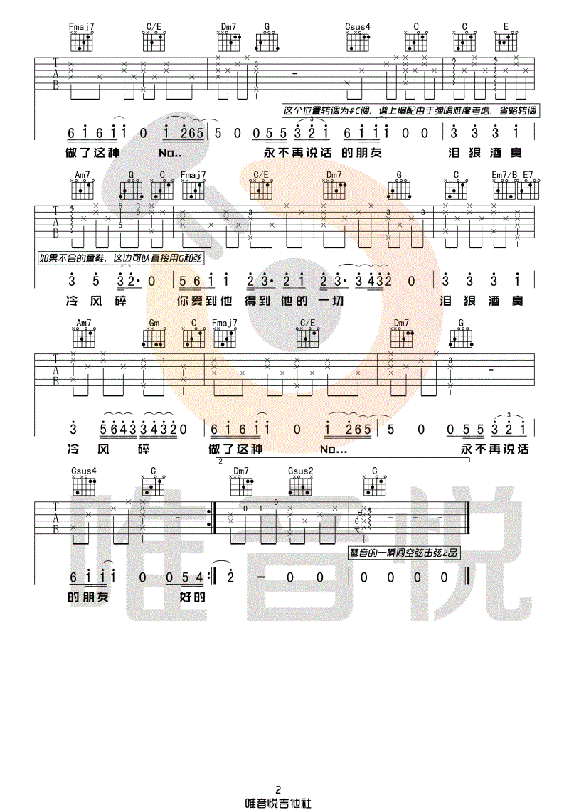 好的晚安吉他谱_邓见超_C调原版指法六线谱_吉他弹唱谱2