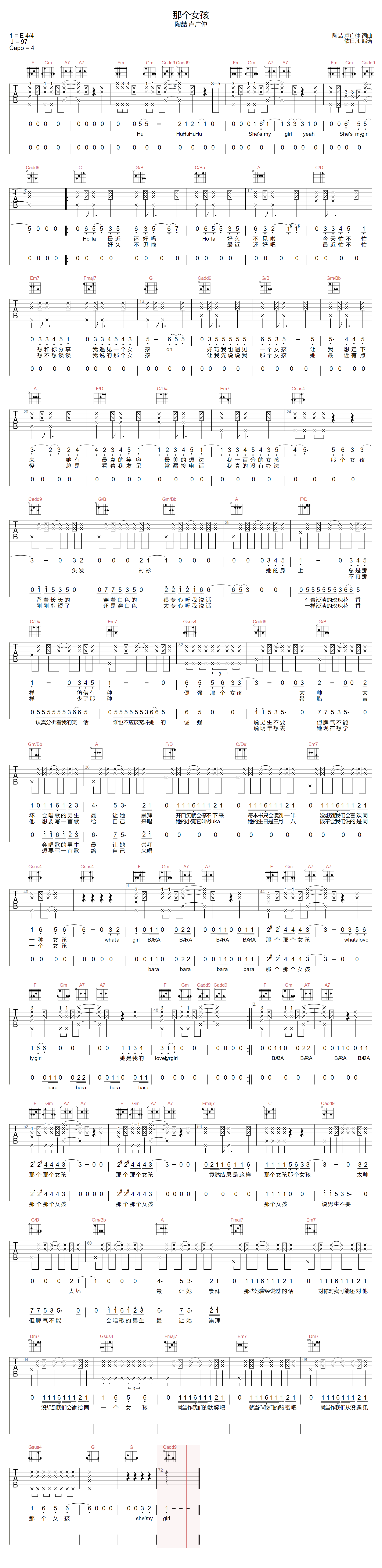 那个女孩吉他谱_陶喆/卢广仲_C调拍弦版六线谱_吉他弹唱谱