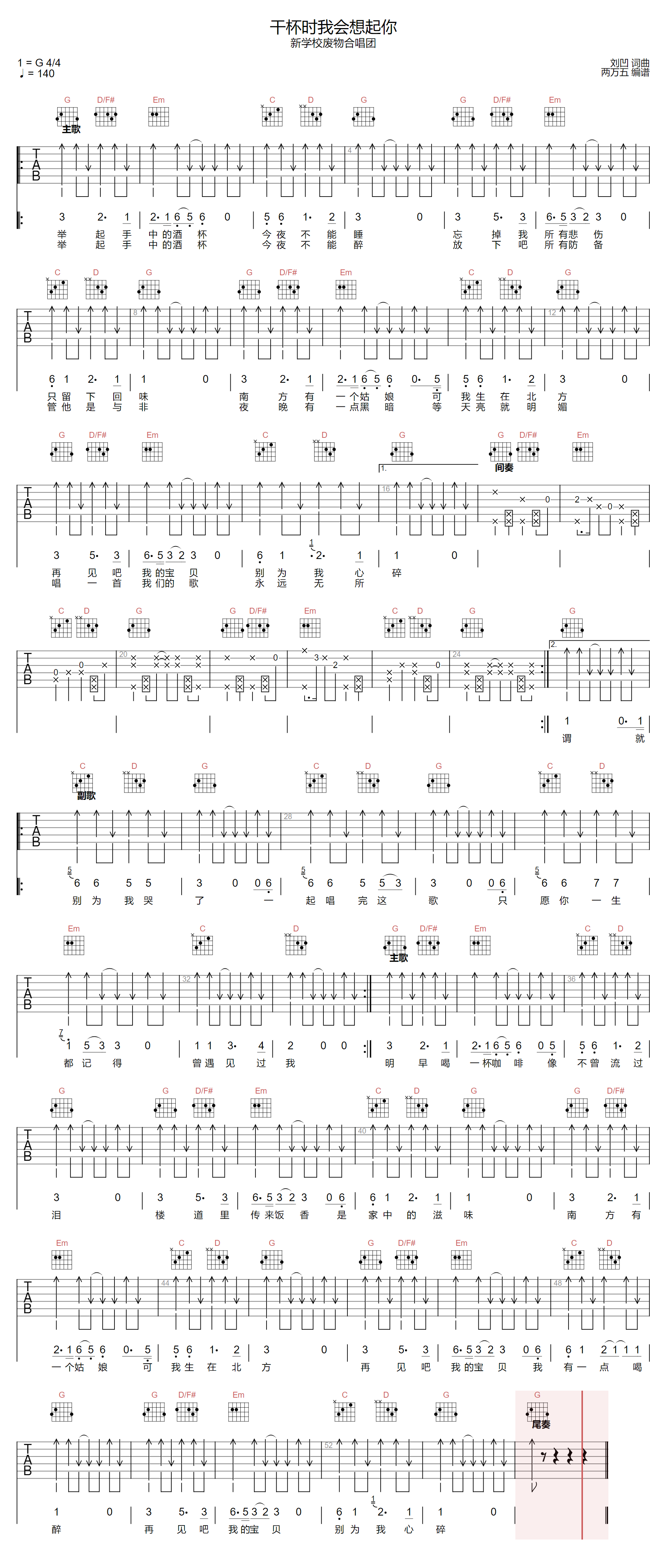 干杯时我会想起你吉他谱_新学校废物合唱团_G调扫弦版六线谱