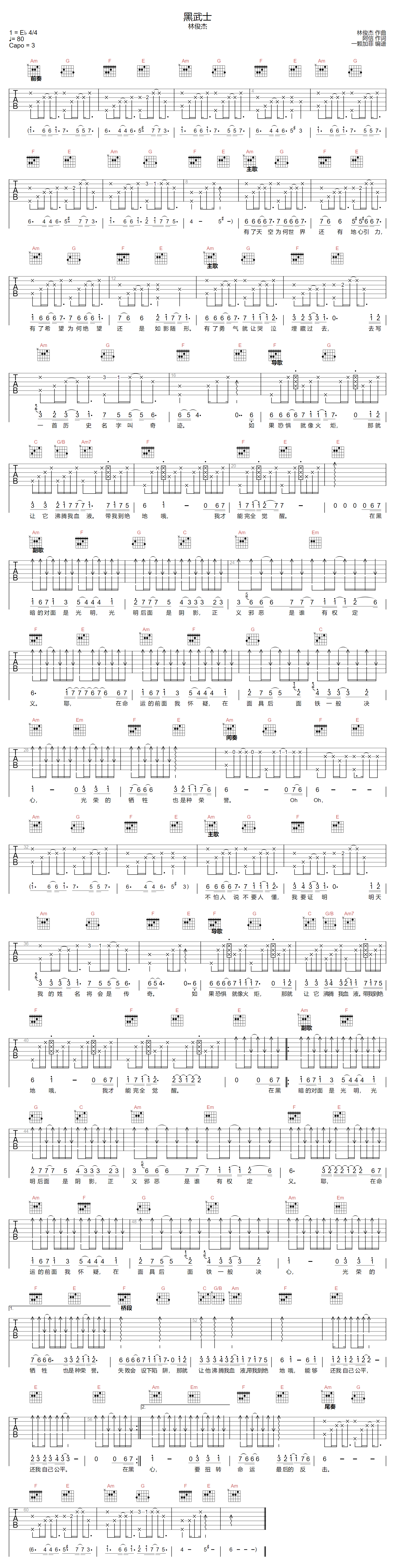 黑武士吉他谱_林俊杰_C调原版指法六线谱_吉他弹唱谱