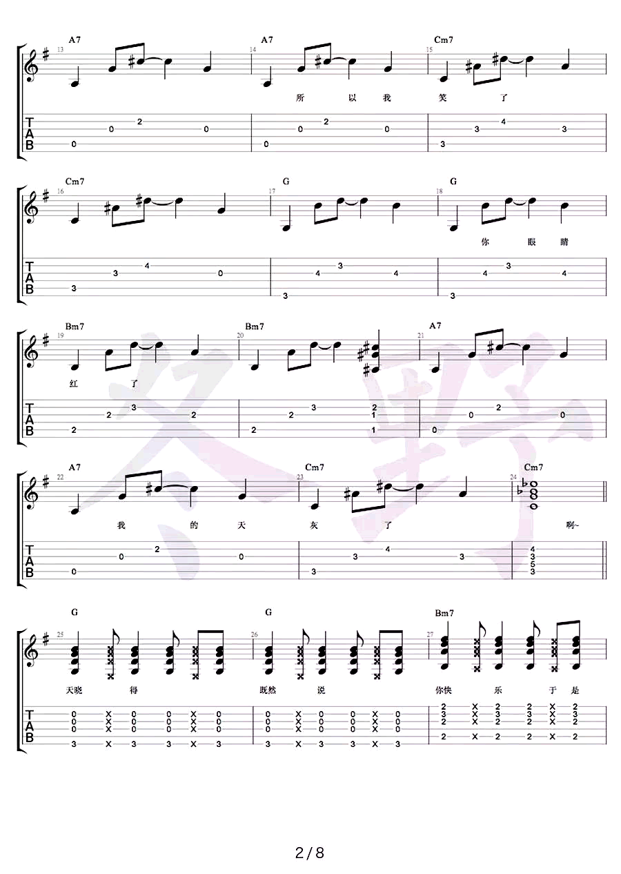 你快乐所以我快乐吉他谱_王菲_G调原版六线谱_附弹唱教学2