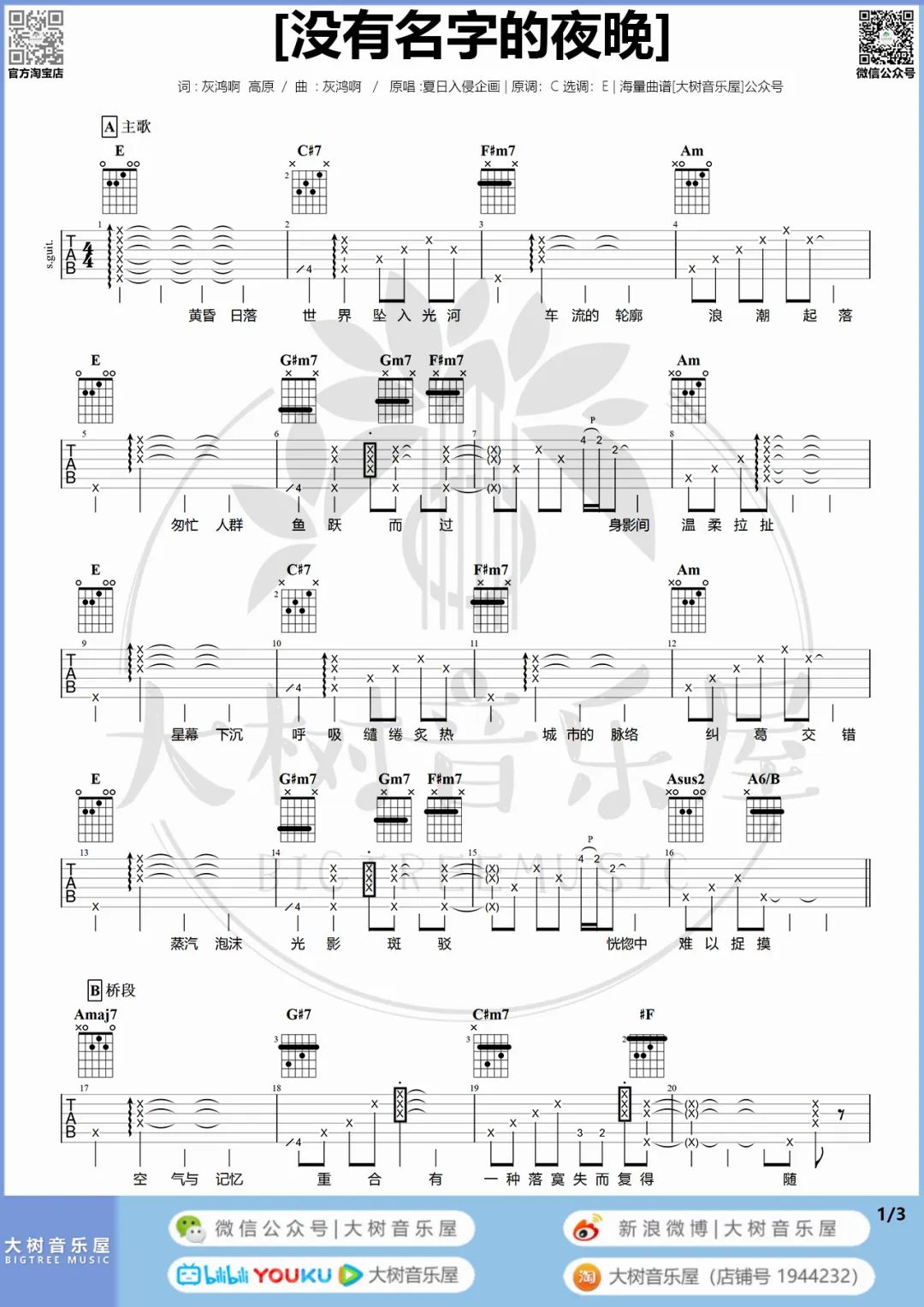 没有名字的夜晚吉他谱_夏日入侵企画_C调六线谱_附弹唱教学1