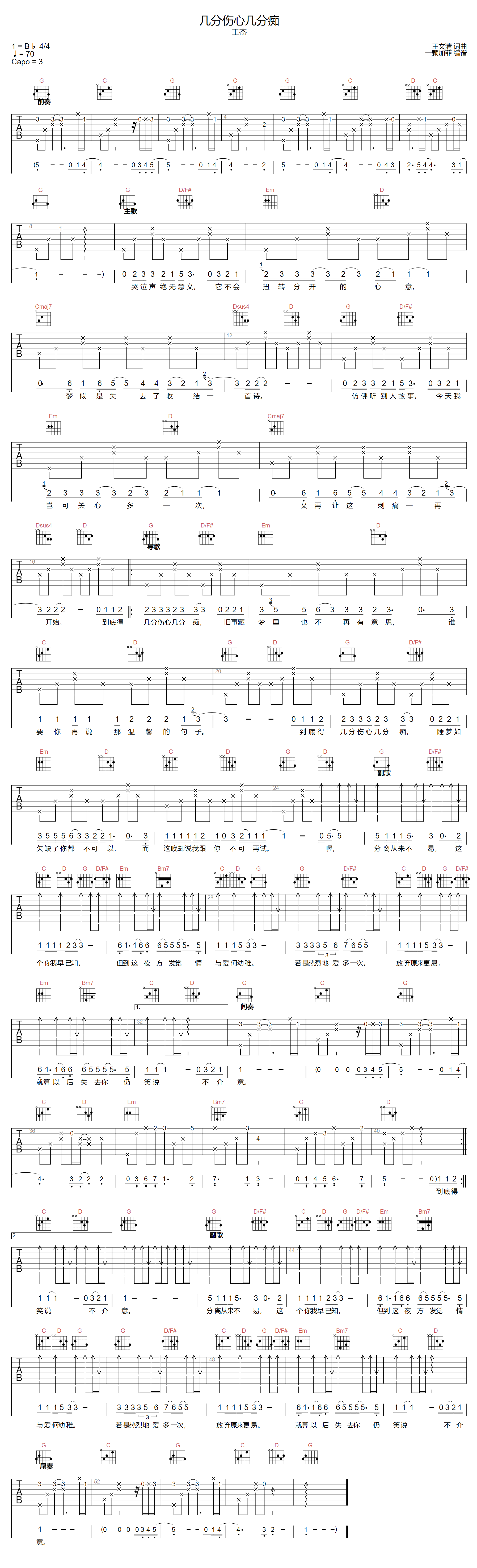 几分伤心几分痴吉他谱_王杰_G调原版六线谱_吉他弹唱谱