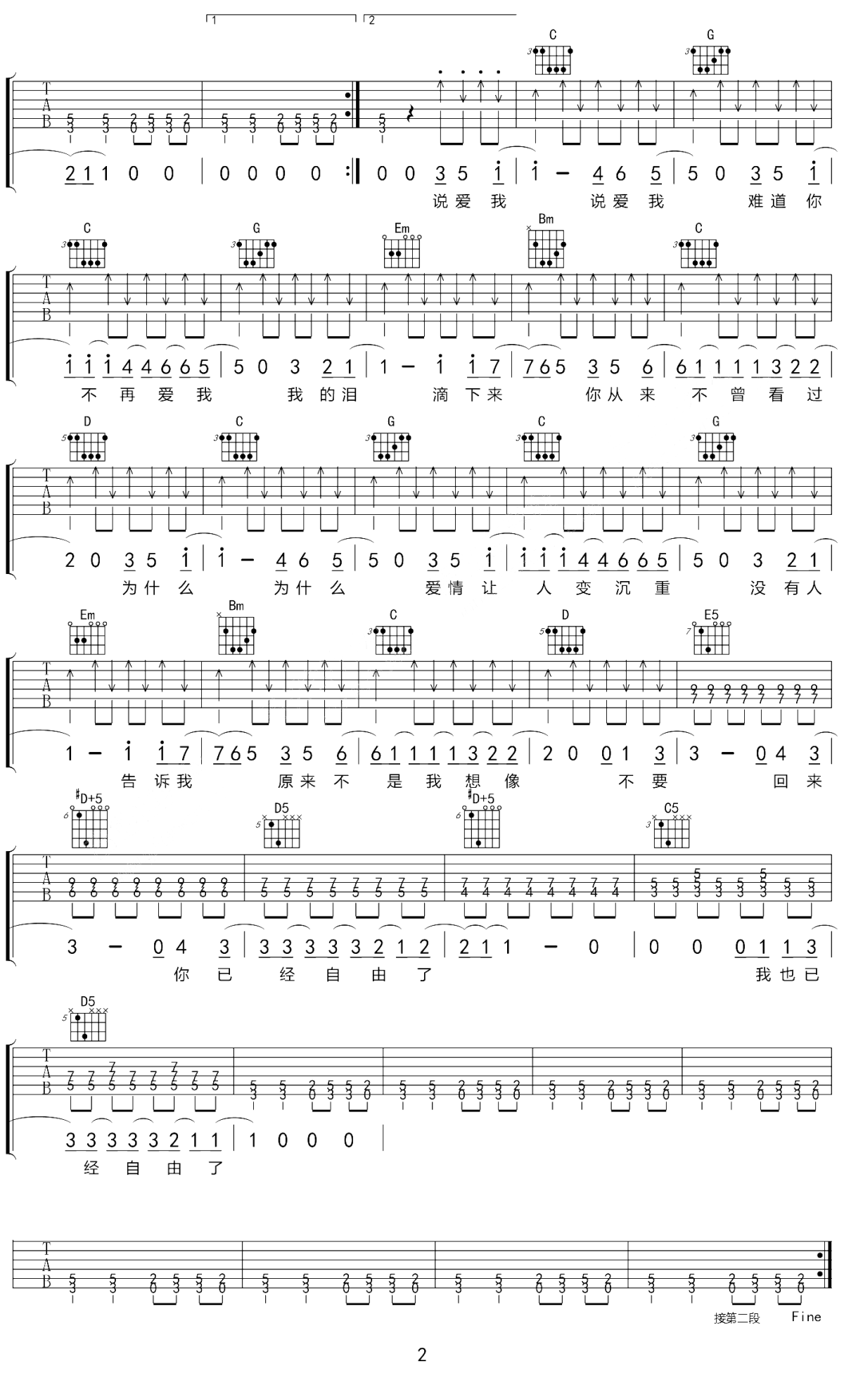 自由吉他谱_张震岳_G调原版指法六线谱_吉他弹唱谱2