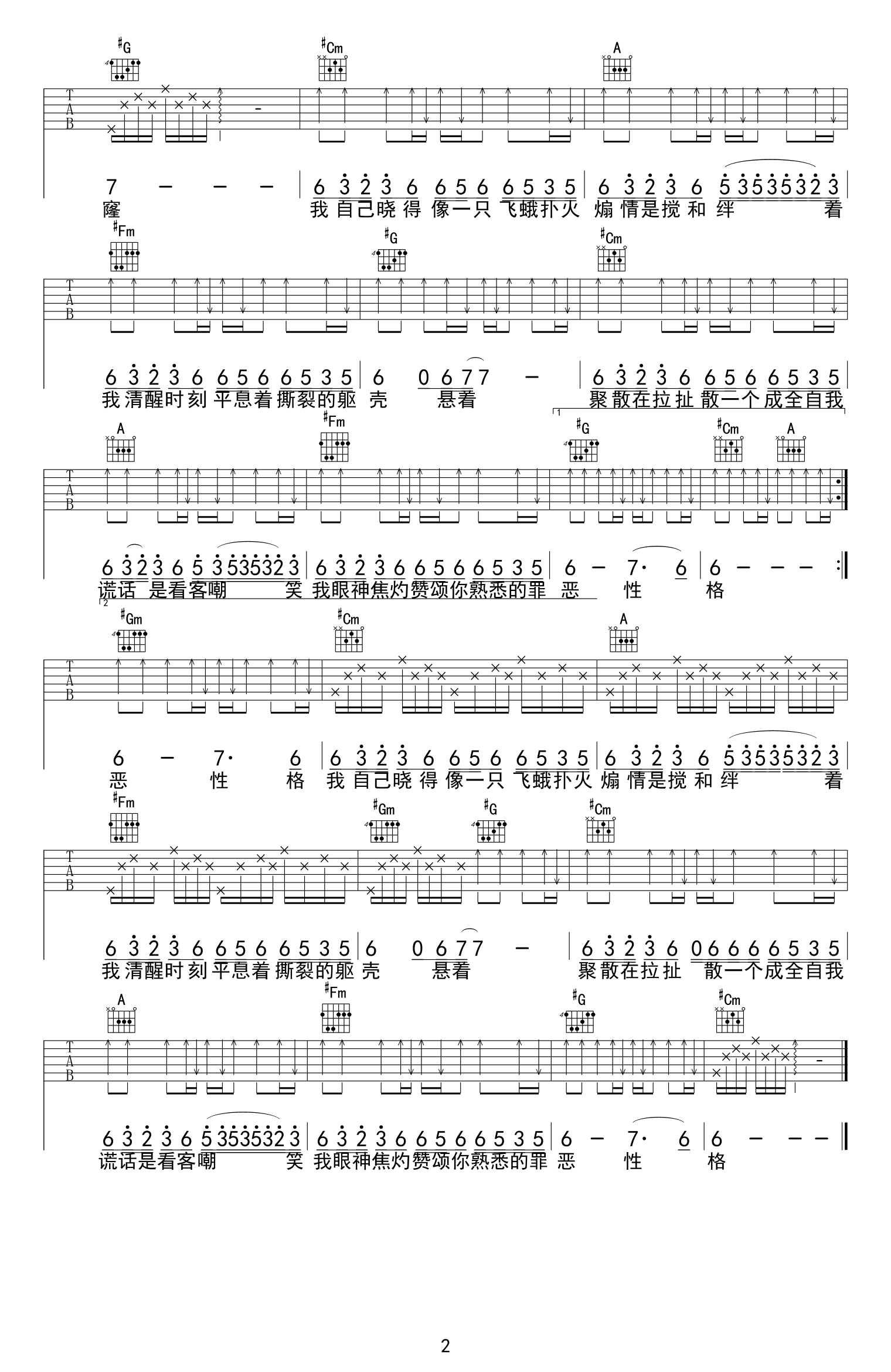 伪善者吉他谱_金渔_E调原版指法六线谱_吉他弹唱谱2
