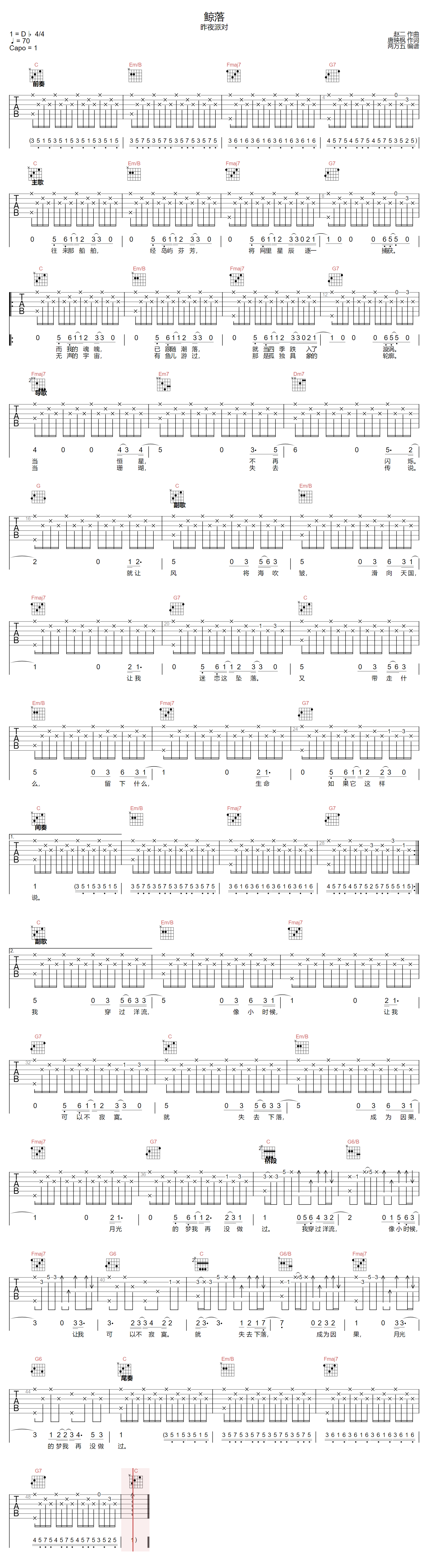鲸落吉他谱_昨夜派对_C调原版指法六线谱_吉他弹唱谱