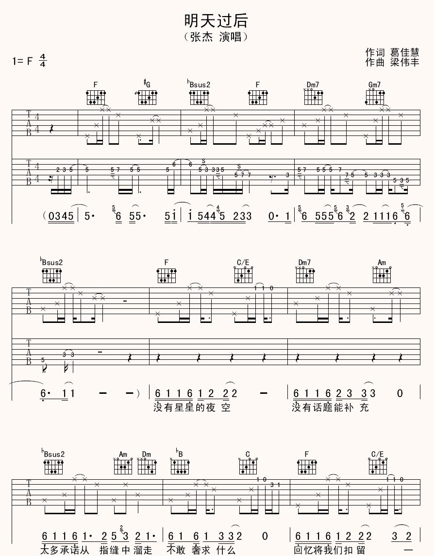 明天过后吉他谱_张杰_F调原版指法六线谱_吉他弹唱谱1