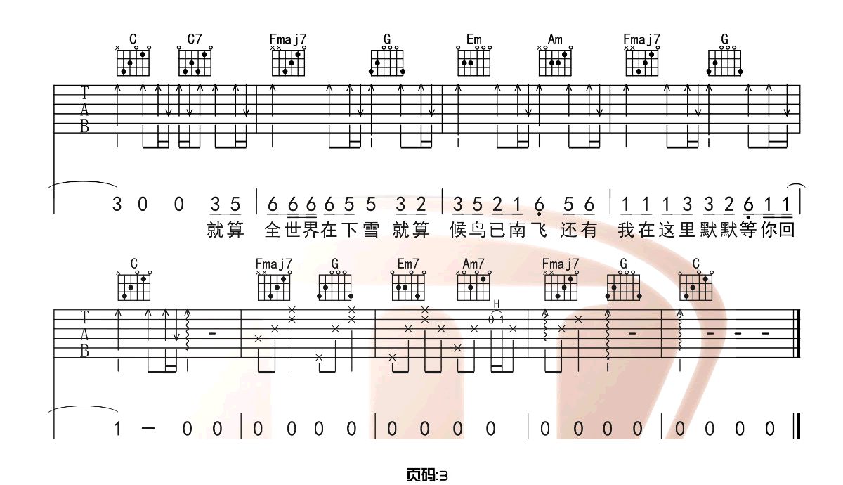 还有我吉他谱_G2er_C调简单版指法六线谱_附弹唱示范3