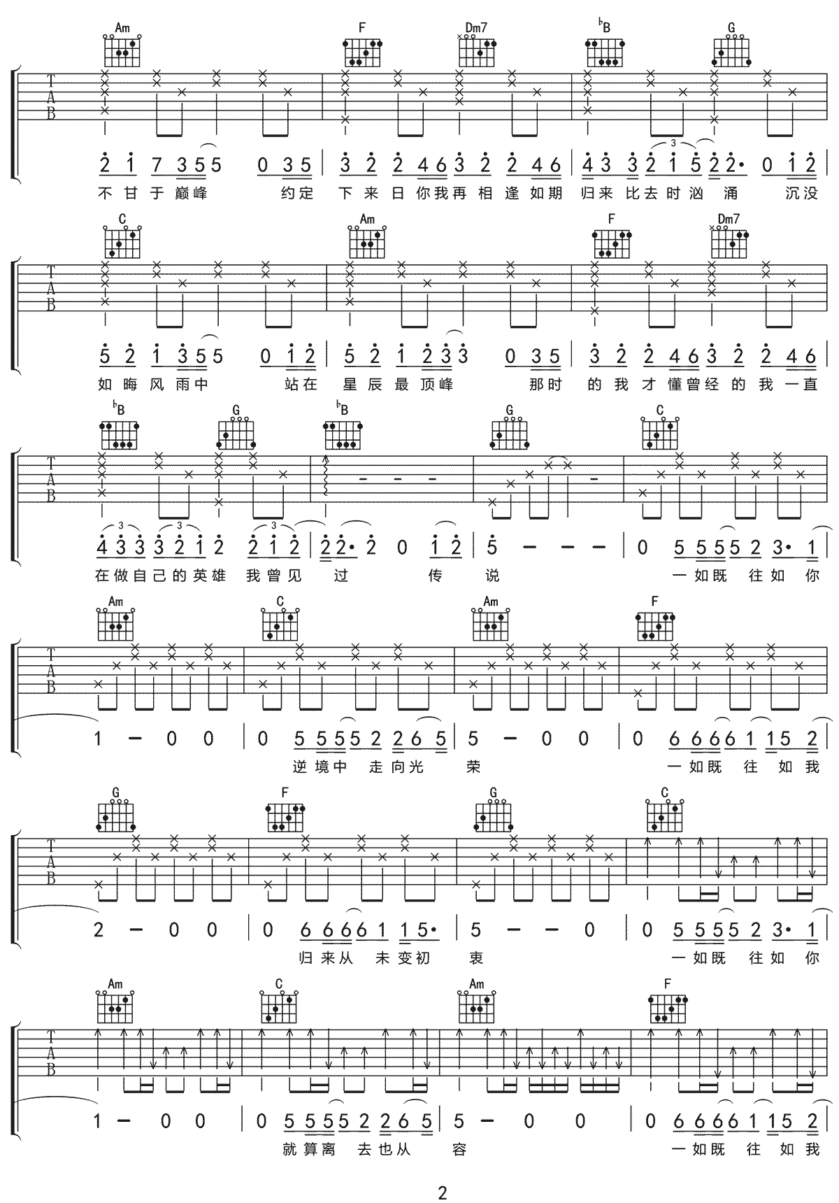 巅峰之上吉他谱_毛不易_C调原版指法六线谱_吉他弹唱谱2