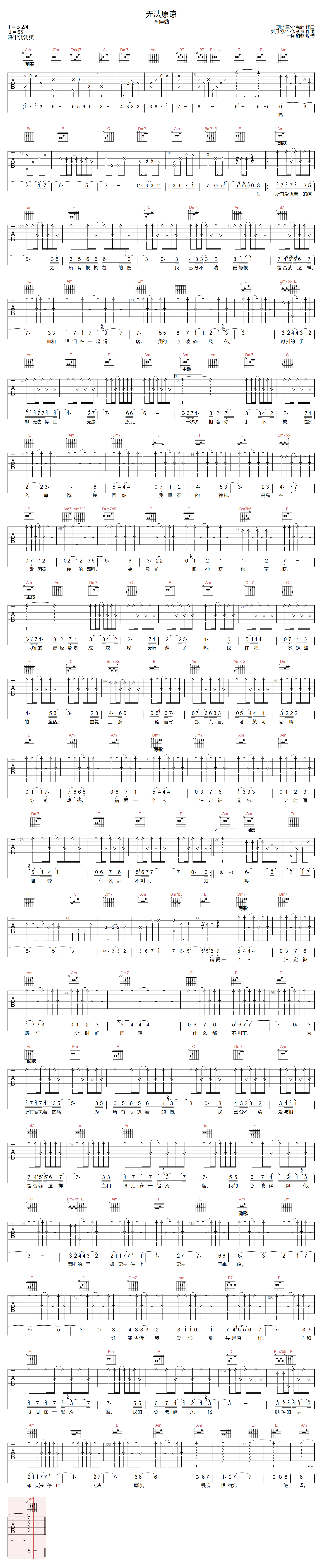 无法原谅吉他谱_李佳璐_C调原版指法六线谱_吉他弹唱谱