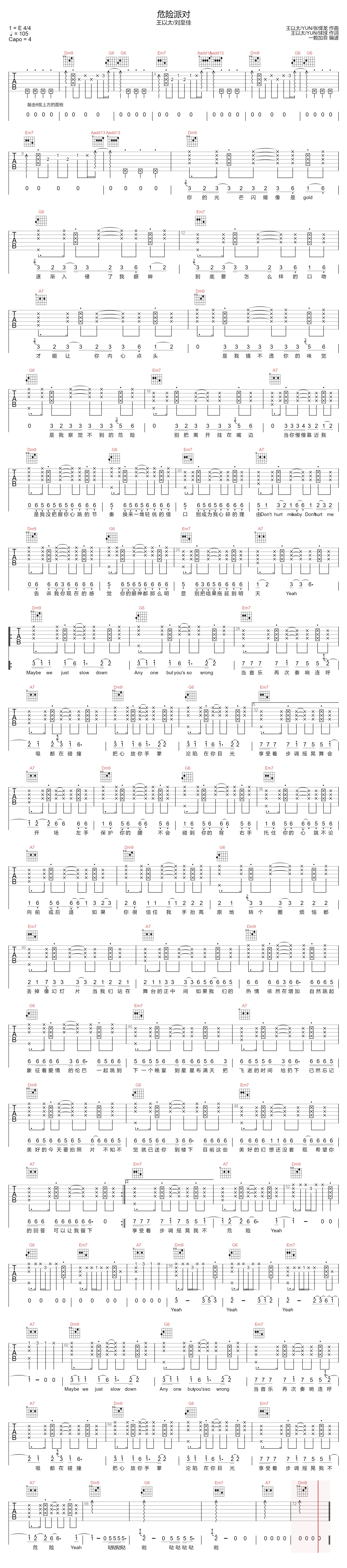 危险派对吉他谱_王以太_C调拍弦版六线谱_吉他弹唱谱