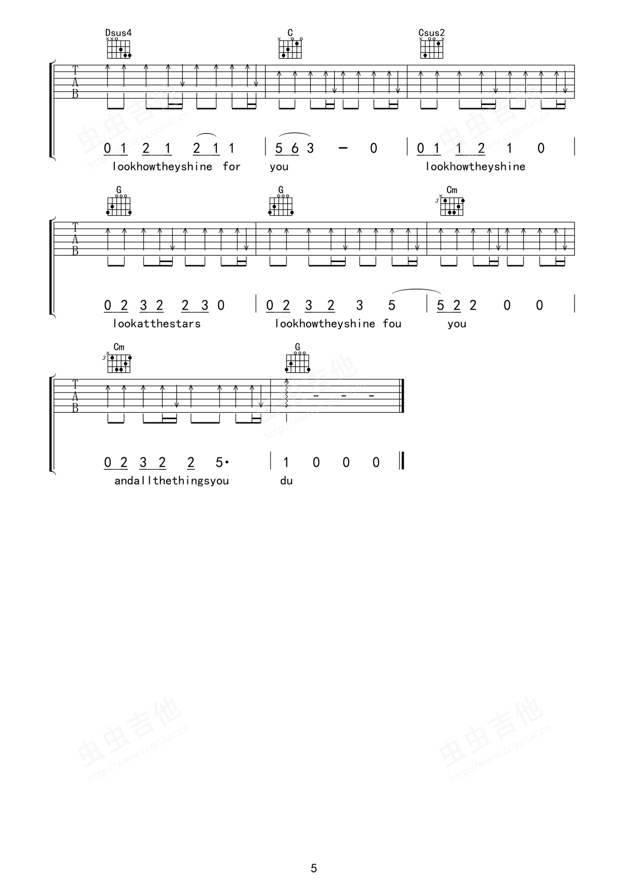 Yellow吉他谱_Coldplay_G调扫弦版指法六线谱_吉他弹唱谱5