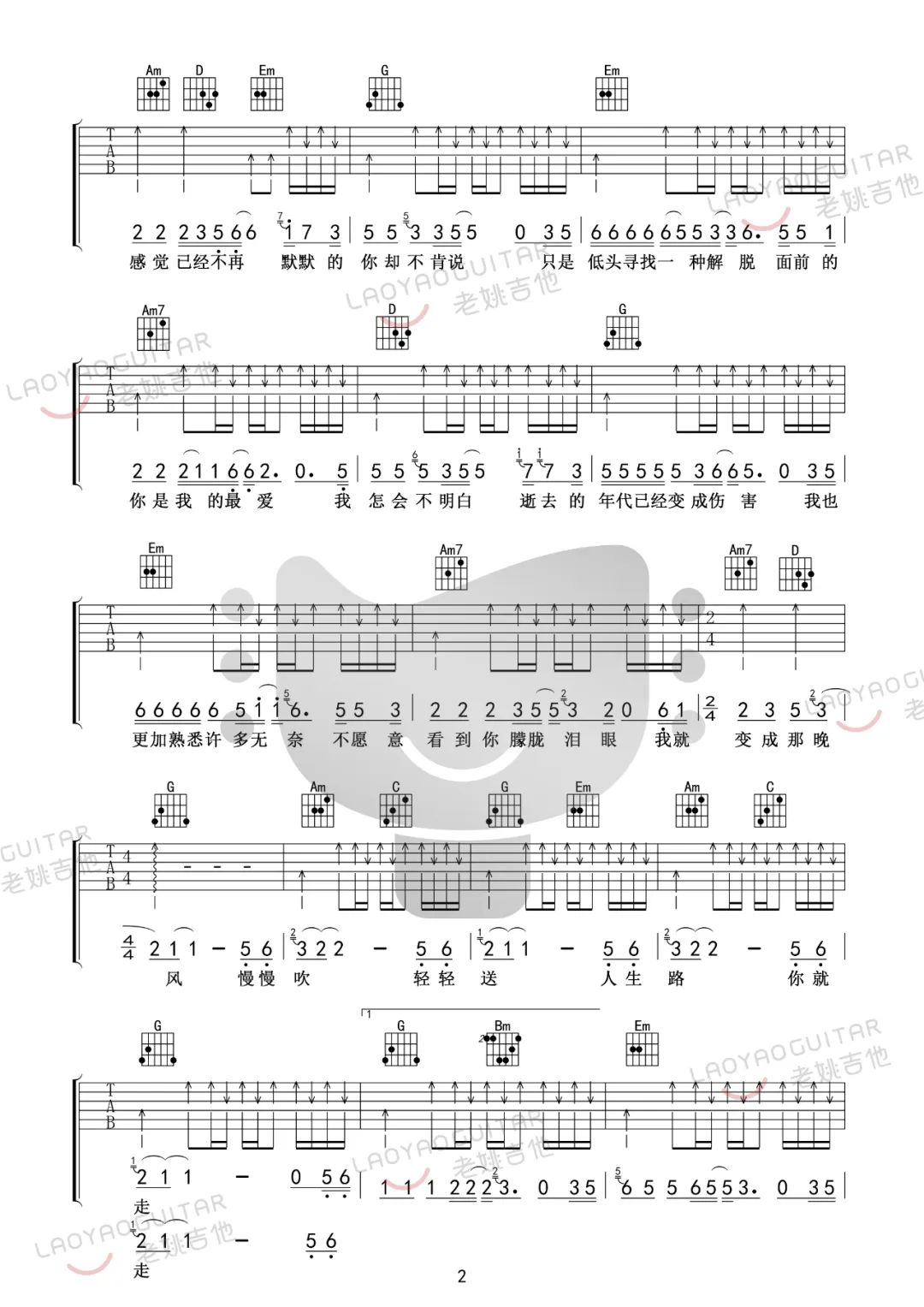 晚风吉他谱_伍佰_G调扫弦版指法六线谱_附弹唱教学2