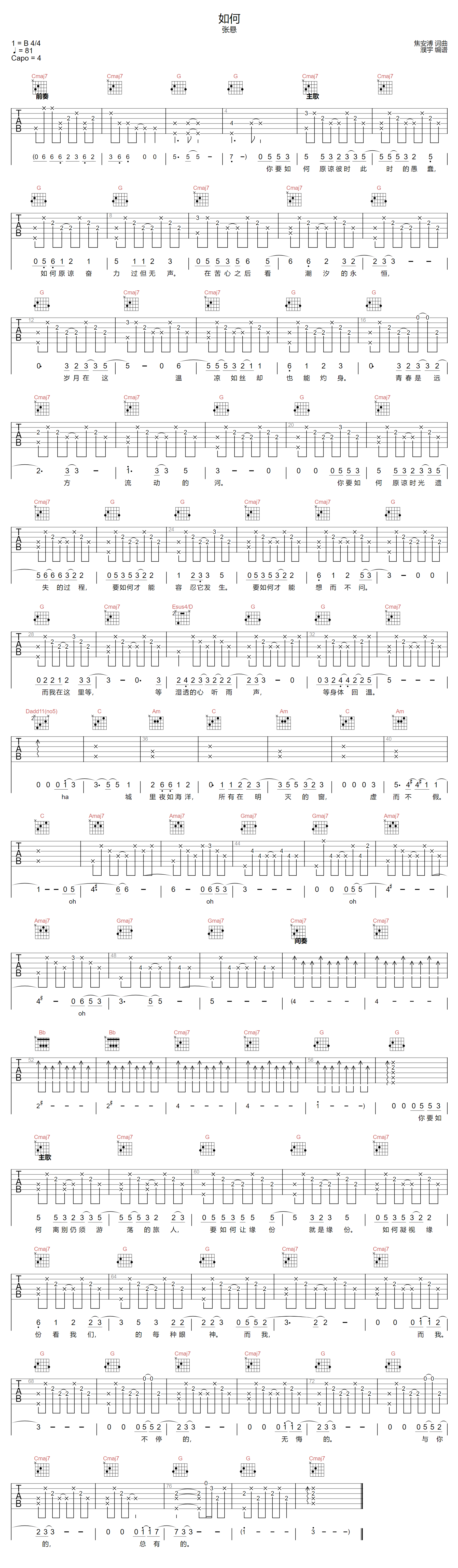 如何吉他谱_张悬_G调原版指法六线谱_吉他弹唱谱