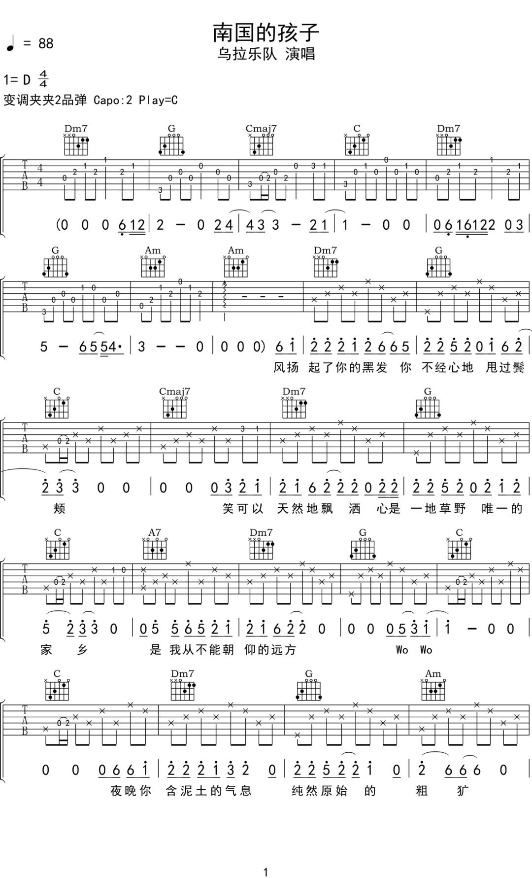 南国的孩子吉他谱_张悬_C调原版指法六线谱_吉他弹唱谱1