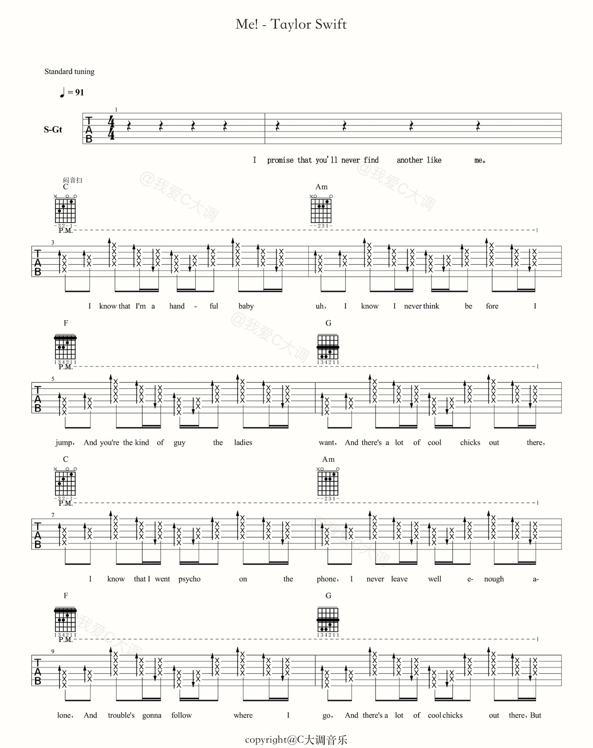 Me吉他谱_Taylor Swift_C调扫弦版六线谱_吉他弹唱谱1
