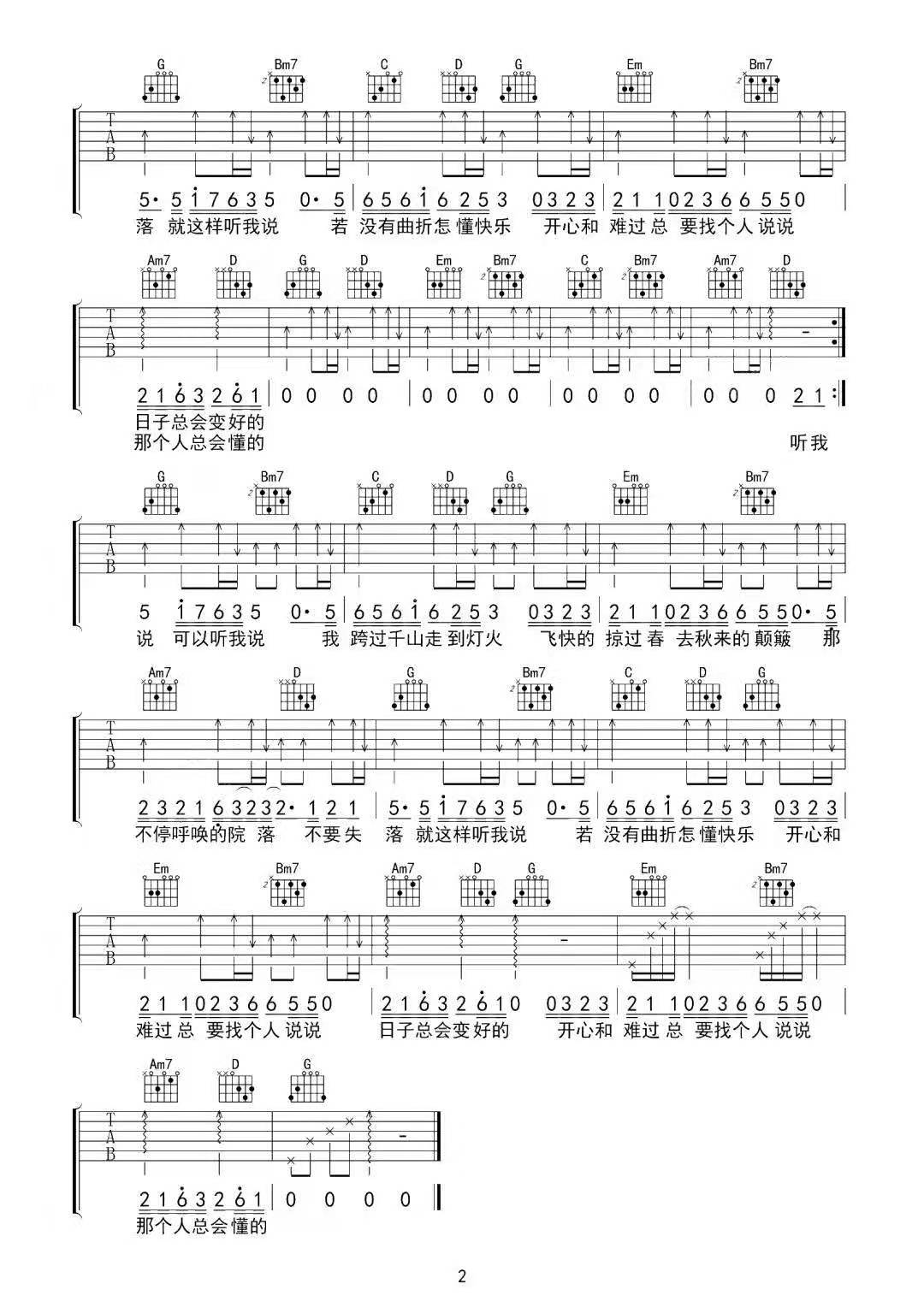 听我说吉他谱_周深_G调原版指法六线谱_吉他弹唱谱2