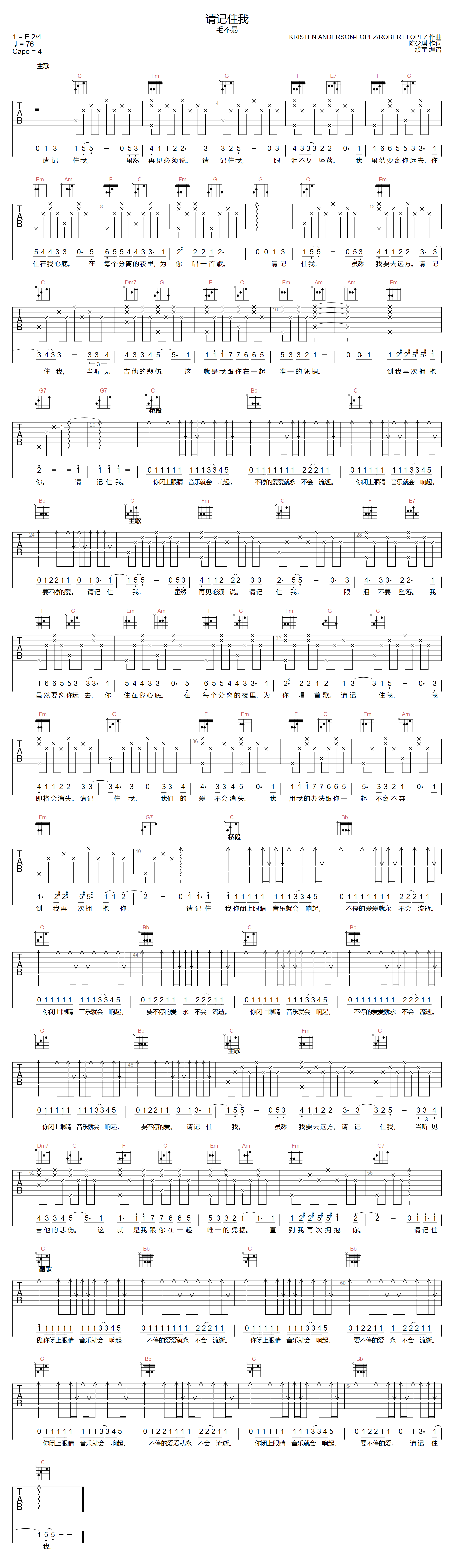 请记住我吉他谱_毛不易_C调指法六线谱_吉他弹唱谱