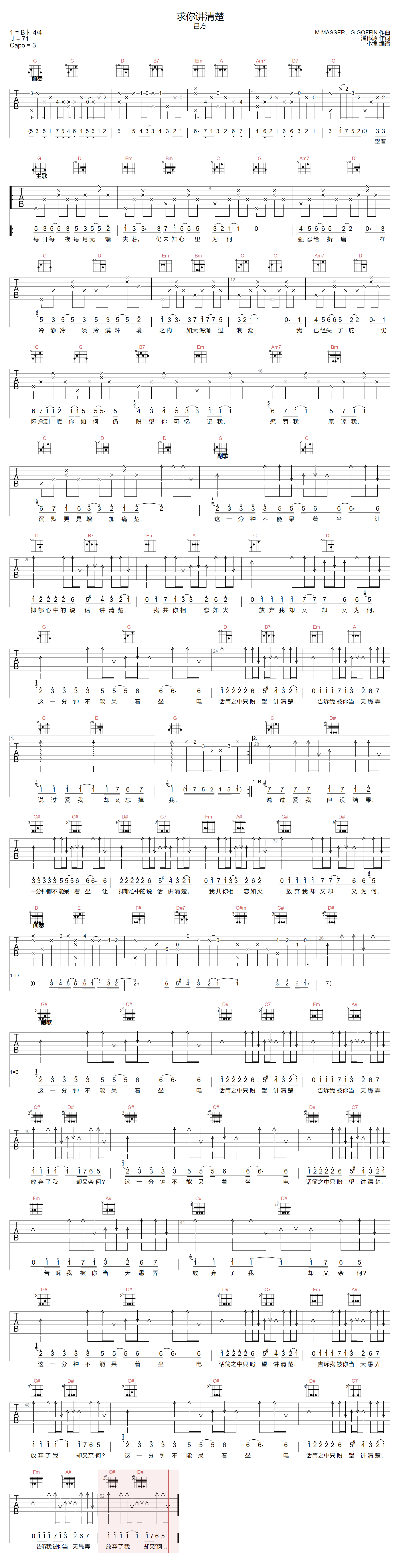 求你讲清楚吉他谱_吕方_G调原版指法六线谱_吉他弹唱谱
