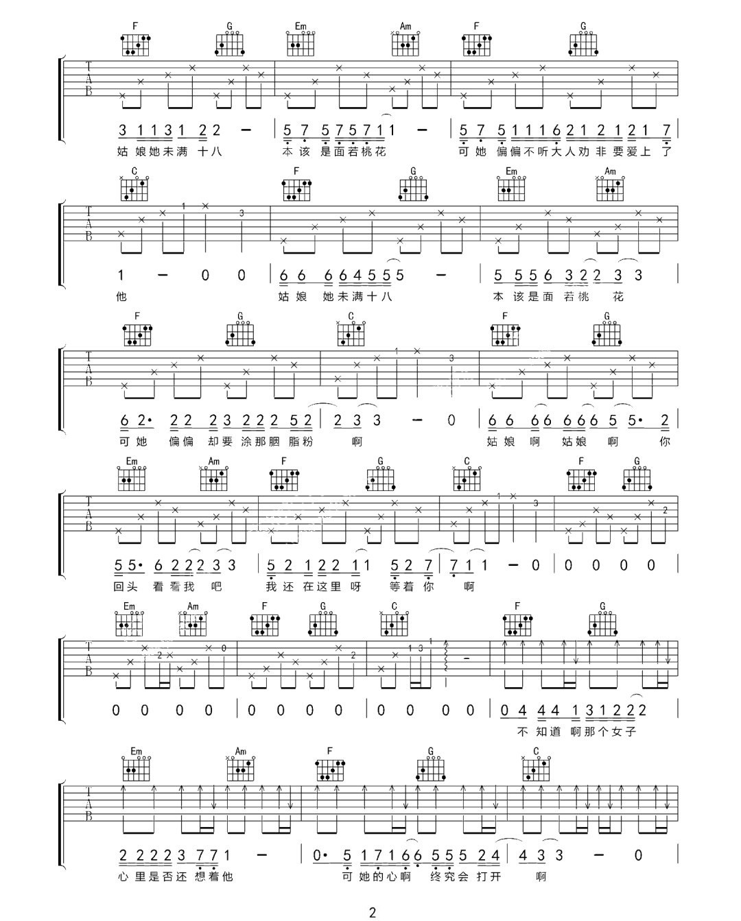 胭脂粉吉他谱_周末_C调原版指法六线谱_吉他弹唱谱2