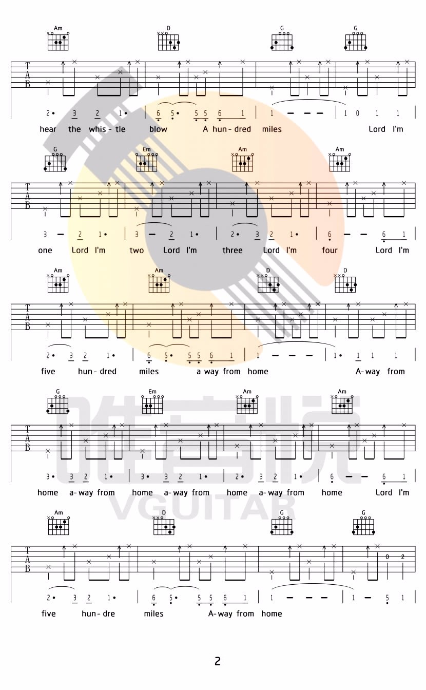 500miles吉他谱2-G调指法
