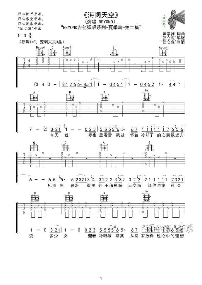 海阔天空吉他谱1-Beyond-D调指法